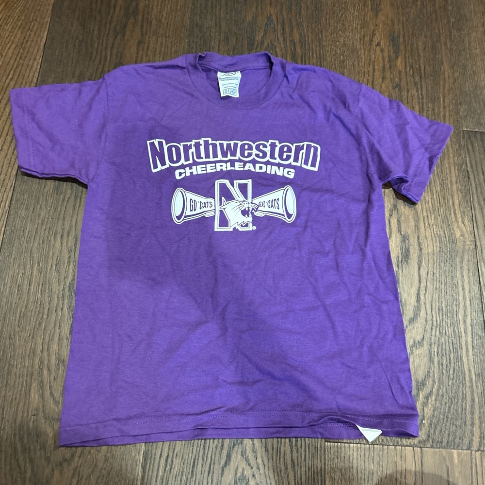 Purple and white Northwestern cheerleading tee